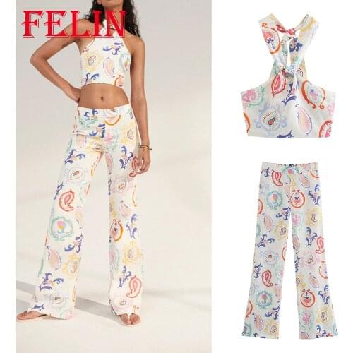 Za 2021 Women Sets Geometric Vintage 2 Pieces Sexy Mujer Cropped Tops and High Waist Flare Pants Elegant Women Suits