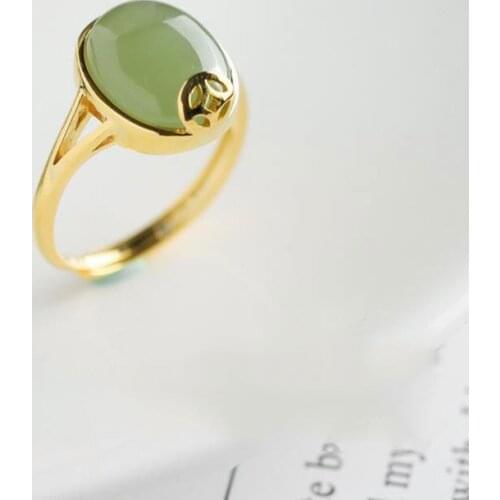 S925 Sterling Silver Inlaid Natural Hetian Jade Oval Egg Surface Simple Retro Elegant Coin Open Ring for Women