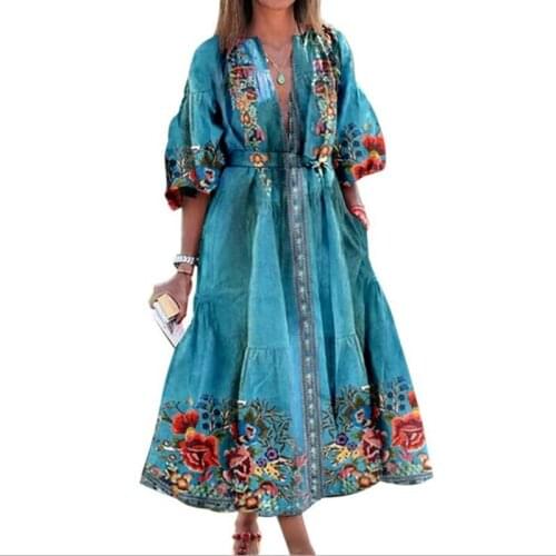 2021Summer womens bohemian Loose Beach print dress Oversized code