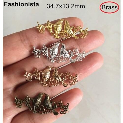 10 Pcs/2 pcs Brass Casting Filigree Kissing Birds Charm Connectors For Jewelry Making 34*13mm Birds on Branch,Gold Bronze -A