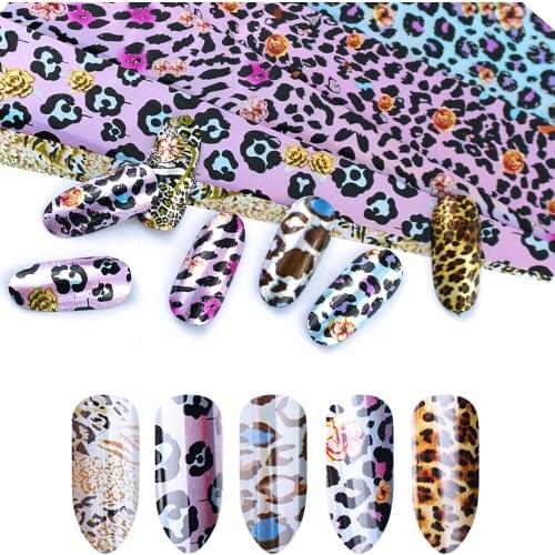 16pcs Holographic Nail Foils Leopard Transfer Stickers Flower Mix Design Starry Paper Manicure Wrap Adhesive Decal Nail DIY