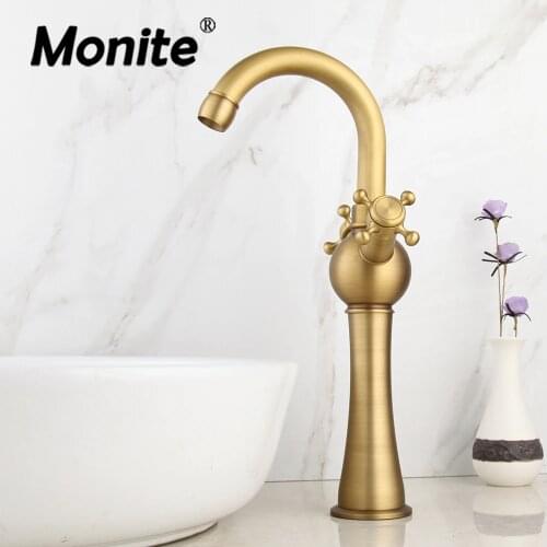 Monite Antique Brass Bathroom Basin Mixer Faucet 2 Handles Deck Mounte Wash Basin Mixer Counter Top Hot & Cold Water Mixer Tap