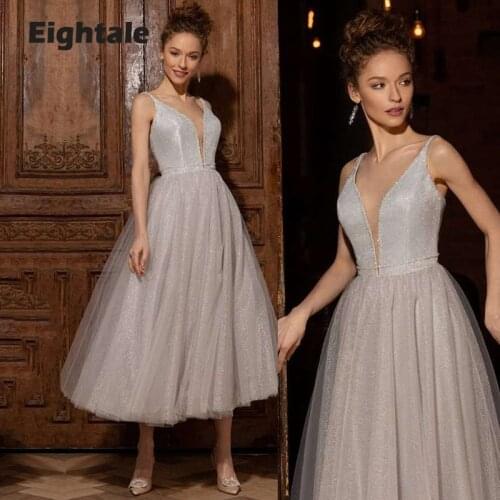 Eightale New Arrival Prom Dresses V-Neck A-Line Girl Party Gown Celebrity Graduation Dress Glitter Arabic Evening Gown 2021