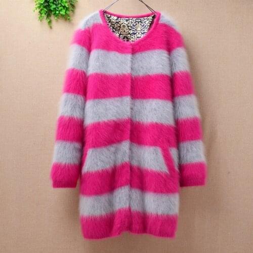Elegant femme autumn loose stripes long warm tops plush angora rabbit fur cardigan long sleeve sweater mink cashmere coat winter