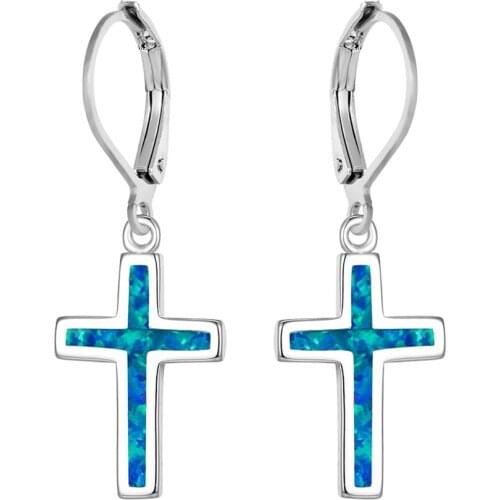 FDLK Boho Fashion Blue Imitation Opal Cross Dangle Earrings Long Drop Earrings Bride Vintage Party Wedding Jewelry Best Gift