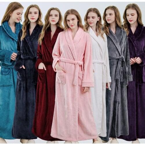 Lovers Thick Warm Winter Bathrobe Soft Silky Extra Long Kimono Bath Robes Female home Dressing Gown women Flannel Robes pyjamas