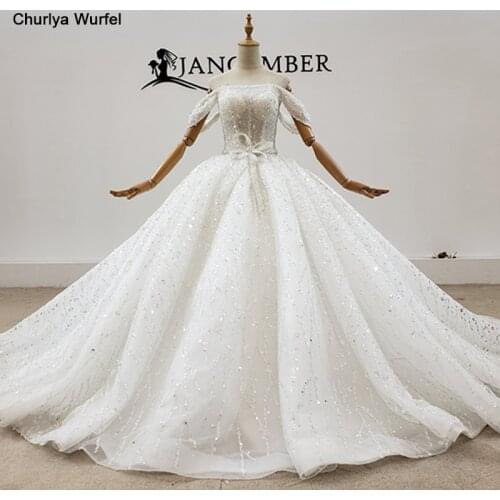 HTL1775 Luxurious Beaded Sequin Pearls Boat Neck With Short Sleeve Custom Wedding Dress 2020 Backless vestidos de novia 2020