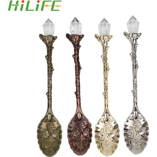 HILIFE 11cm Length Coffee Desserts Ice Cream Spoon Coffee Spoon Crystal Head Retro Pattern Metal Carved Kitchen Accessories
