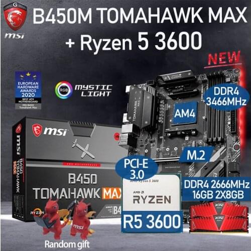 AM4 MSI B450 TOMAHAWK MAX Motherboard Set + AMD Kit Ryzen 5 3600+ RAM DDR4 16GB 2666MHz M.2 PCI-E 3.0 Placa-mãe Desktop AMD B450