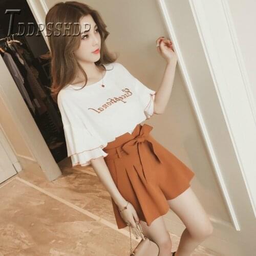 2019 Summer Sweet Women Sets Ruffles T Shirt And Wide Leg Shorts Female Sets