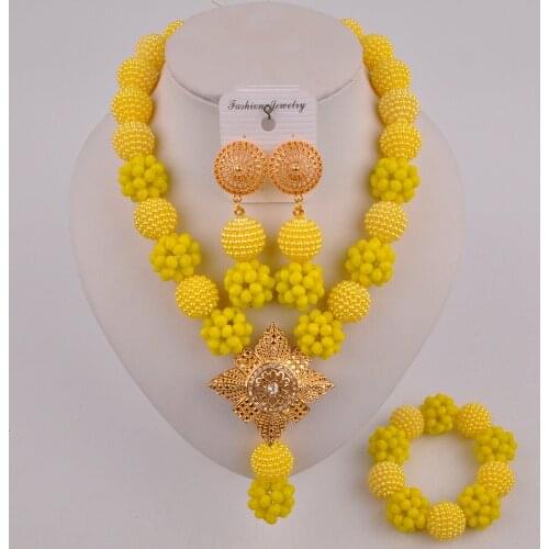 Fashion costume necklace nigerian wedding african beads yellow jewelry set FZZ103