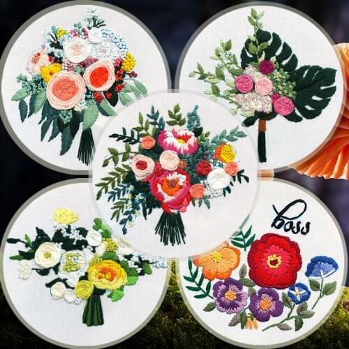 DIY Beginner Embroidery Kit Cross Stitch Tools Flowers Plants Pattern Borduurpakket Kruissteek with Embroideri Frame Hoop