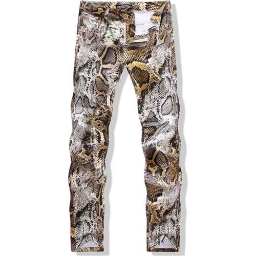 New mens male denim trousers fashion snakeskin print jeans Slim colored stretch denim pants for man
