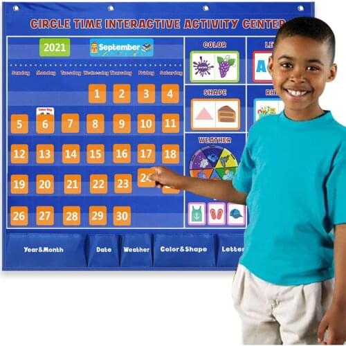 Education Pocket Chart Calendar Set Teaching Activity Guide Weather Color Graphics Recognizing Letters Rhyming Words Numbers