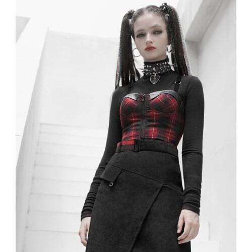 PUNKRAVE Womens PUNK Style Plaid Strap Corset Daily Wear Sexy Elastic Velvet Shoulder Strap Cardigan Short Vest