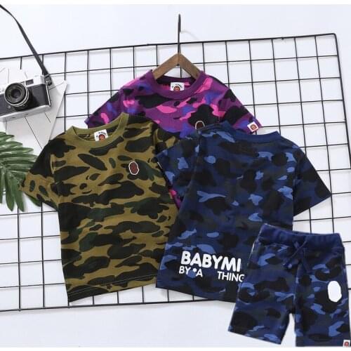 1 set Kids Boy Girls Cartoon Green Blue Purple Camo Animal Printed Shirt Summer Short Shirts Tops and Short Pants