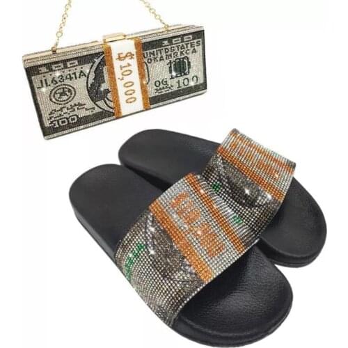 Fashion Women Slides Summer Beach Flip Flops Rhinestone Dollars Bags Slippers Crystal Diamond USD Money Sandal Female Clutch Bag