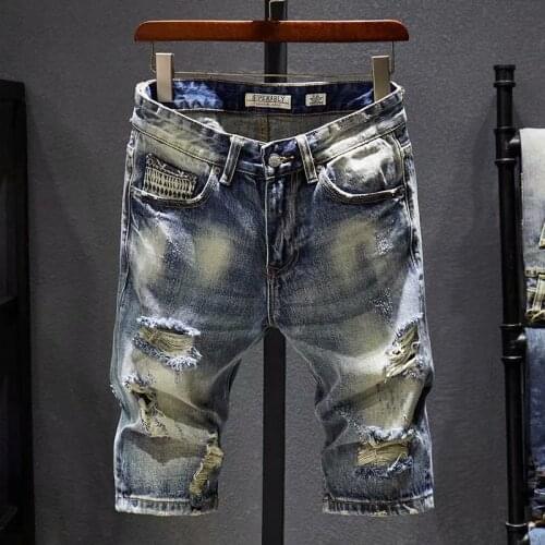 Summer New Mens Stretch Ripped Short Jeans Fashion Casual Loose High Quality Elastic Tooling Broken Hole Denim Shorts Male