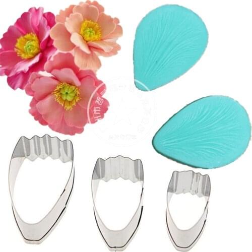 Silicone Embossing Poppy Flower Petal Veiner stainless steel cutter set Fondant Sugarcraft Cake Decorating Moulds cookies die