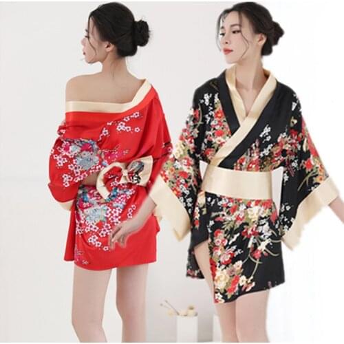 Traditional Brand Women Japanese Kimono Sleepwear Sexy Deep V-neck Kimono Satin Floral Printed Nightwear Short Bath Robe japan