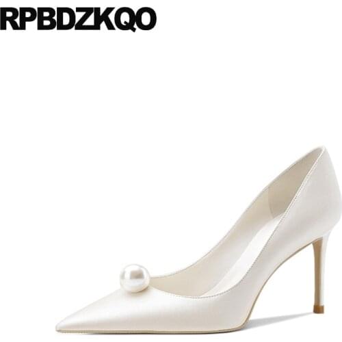 High Heels Women Pumps Evening Pearl Scarpin Satin Wedding 8cm Pointed Toe Prom Bridesmaid White Silk Ivory Bridal Shoes Medium