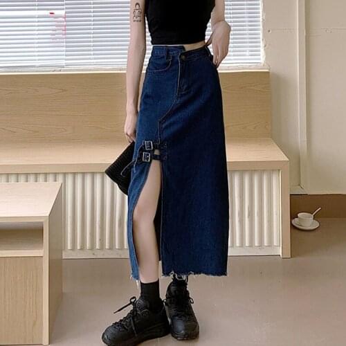 Vintage Denim Skirt Women Summer 2020 New Side Slit High Waist Skirt Female Long Design A-line Ripped Skirt