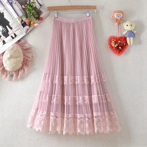 Women Summer Elegant Tulle Lace Patchwork Midi Skirts 2021 Fashion Ladies Spring Streetwear High Waist Casual Pleated Skirt S246