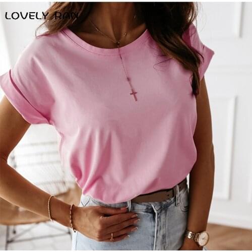 100% Cotton Short Sleeve Womens T-Shirts 2021 Summer Solid Pink Y2K O-Neck T Shirt Girls Basic Casual Simple Streetwear Tops