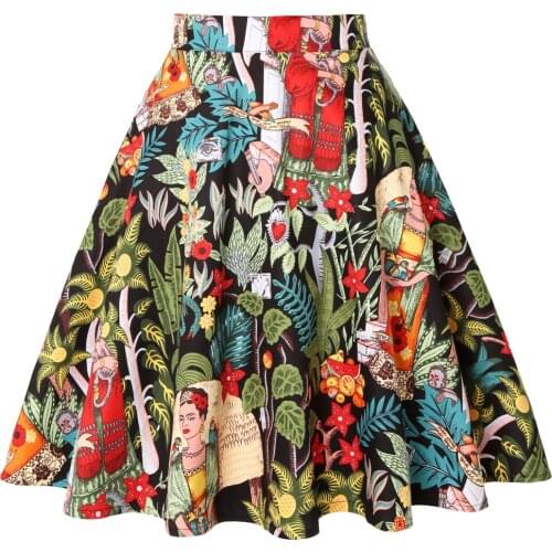 Rockabilly Cotton Black Skirts Vintage 50s 60s Flower Printed Summer 2021 Women High Waist Audrey Hepburn A Line Swing Skirts