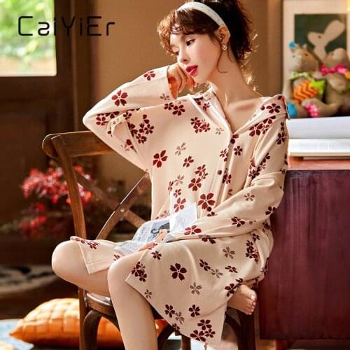 CAIYIER 2020 Winter Women Nightgown Cotton Stripe Long Sleelve Nightdress Ladies Shirt Skirt Girls Fashion Party Home Dress Gown
