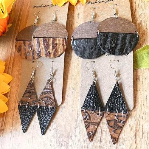 Wooden Embossed Genuine Leather Geometric Dangle Drop Earrings for Women Fashion Women Daily Vintage Jewelry Gift