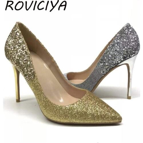 New Gold Silver Glitter Sparkling Women Pumps 12cm High Heels Shoes Woman Pointy Toe Stiletto Sexy Women LF013 ROVICIYA