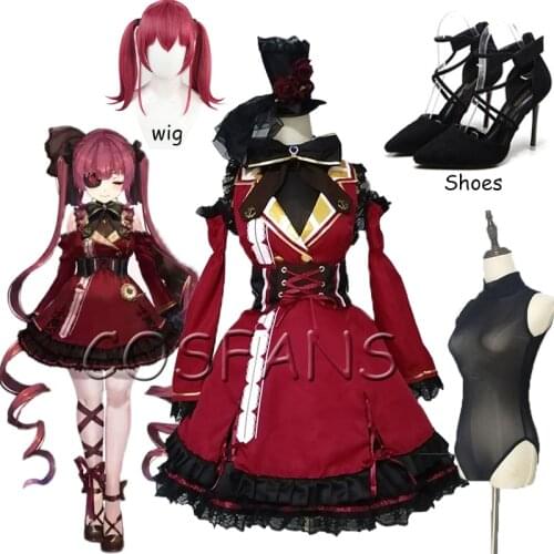 VTuber Hololive Houshou Marine Captain Gothic Lolita Dress Uniform Cosplay Costume Halloween Party Outfit Women Girls Wig shoes
