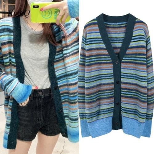 High Quality Women Cardigan Slim Long Sleeve Midi Top Women 2020 Fall Winter Blue Striped Embroidery V-Neck Long Sleeve Sweater