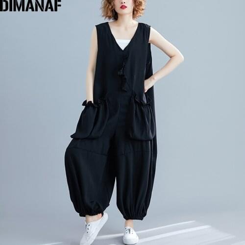 DIMANAF Plus Size Women Jumpsuits Long Pants Sleeveless Ruffles Summer Big Size Trousers Female Clothes Loose Vintage Black 2021