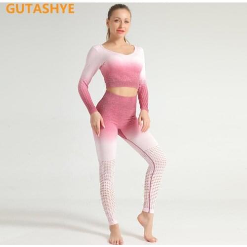 Female Yoga Set Long Sleeve Hollow Tops And High Waist Control Sport Leggings Gym Clothes Seamless Sport Suit