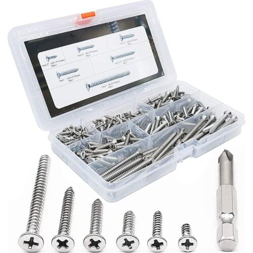 300pcs M3.5 M4.2 M5 Stainless Steel Cross Recessed Flat Head Self Tapping Wood Screws Assortment Kit With Screwdriver Bit