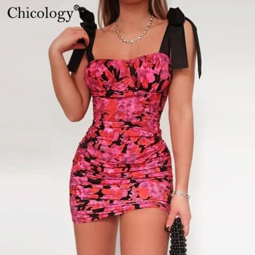 Chicology floral lace up wide strap mini dress women neon bodycon party club outfit 2019 autumn winter sexy clothes lady casual