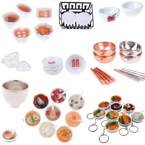 Chinese Cuisine Dessert Noodles Tofu Fish Bowls Chopsticks Dish Rack Dollhuse Miniature Baby DIY Kitchen Doll Houses Toys