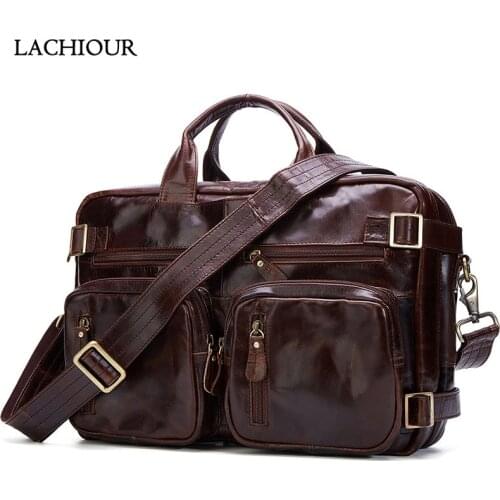 LACHIOUR Mens Briefcase messenger bag men leather briefcase male laptop bags mens genuine leather bag office bags for men tote