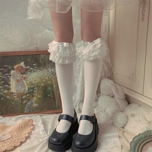 Sweet Cool Girl Bow Lovely Middle Tube Pile Socks Lolita Hollow Out Lace Mesh Thigh High Knee Socks French Female Thin Stocking