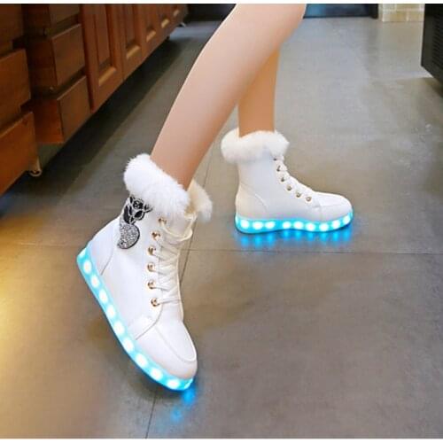 Fashion Kids Light Up Shoes Children Led Colorful Rabbit Fur Snow Boots Thick Warm USB Charging Girls Glowing Luminous Sneakers