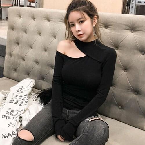 Fashion Casual T Shirt Female Tops Women One Shoulder Long Sleeve Tee Top