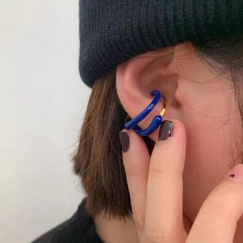 Fashion Dripping Oil Enamel Blue Color Double Round Clip Earrings For Women Fake Piercing Earbone Ear Cuff 2021 New