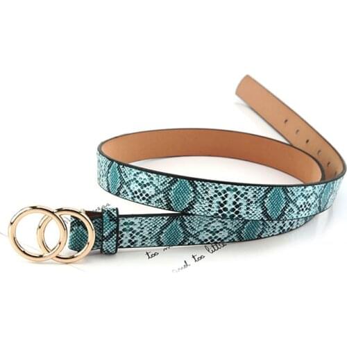 Fashion metal double circle buckle pin belt for women Snake pattern leather ladies dress decorative belt jeans trouser waistband