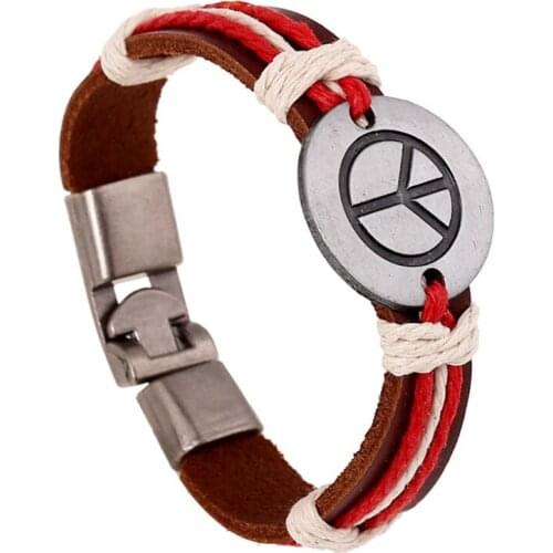 Fashion Vintage Peace Genuine Leather Bracelet Cuff Retro Alloy Charm Bangle Wrap Handmade Wristbands for Men Women Jewelry Gift