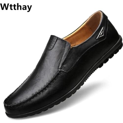 Men Casual Shoes Brand Genuine Leather Loafers Men Moccasins Breathable Slip on Italian Boat Shoes Black Plus Size 37-47 Wtthay