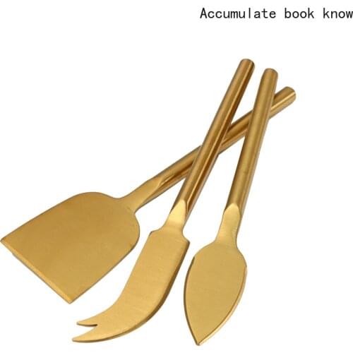 Jaswehome Gold Plated Stainless Steel Cheese Knife Set Titanium Cutlery Wedding Cake Cheese Slicer Cutter Spreader knife set