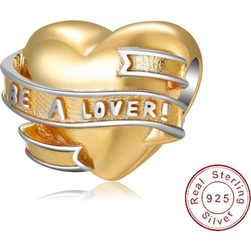 Cyue European S925 Sterling Silver DIY Charm Beads Gold Ribbon With Love Heart For Women Bangle Bracelet Necklace Jewelry P1264