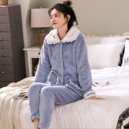 Pajamas Women Winter Thickening Home Clothes Coral Fleece Warm Sleepwear Cute Add Velvet Ladies Pijamas Set Pyjama Femme Suit